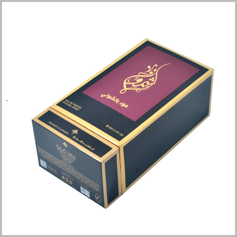 100 ml perfume gift boxes packaging wholesale. Bronzing printed detailed product information on the bottom of the customized square packaging box without affecting the aesthetics of the packaging.