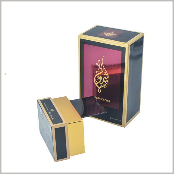 100 ml perfume gift packaging wholesale. The interior of the base of the perfume packaging uses gold cardboard as the laminated paper, and the golden color increases the luxury of the packaging.