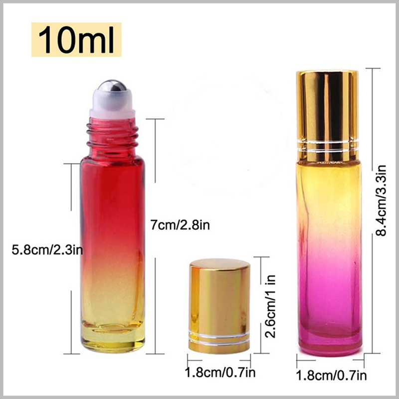 10ml Gradient color essential oil roller bottles with aluminum cap and steel roller ball. The diameter of the 10ml essential oil bottle is 18mm (0.7 inches) and the height is 84mm (3.3 inches).