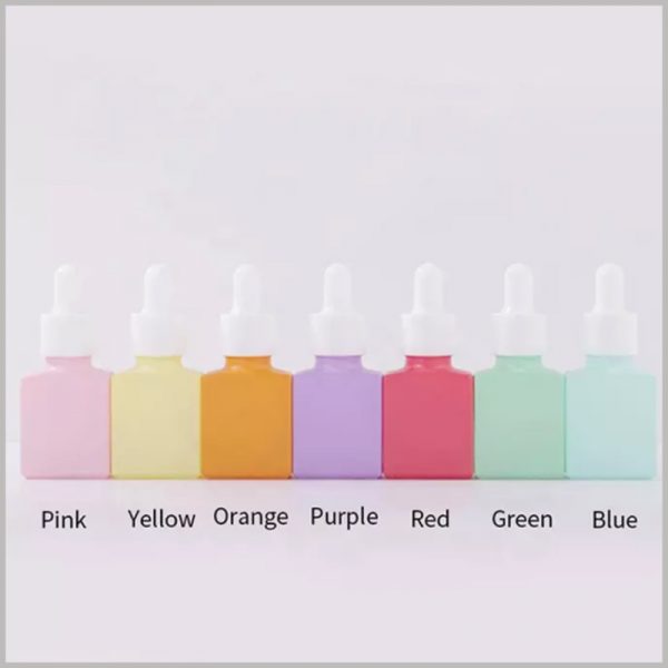 15ml flat square color essential oil bottle，The bottle body can choose the color: Pink,Yellow,Orange,Purple,Red,Green,Blue White Rubber, White Circle.