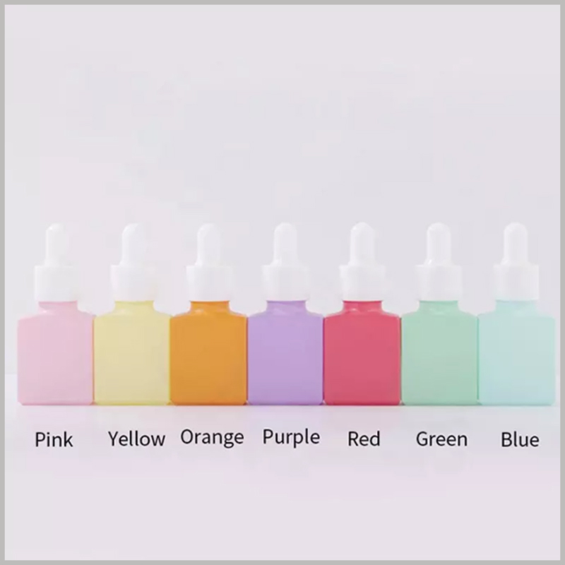 15ml flat square color essential oil bottle，The bottle body can choose the color: Pink,Yellow,Orange,Purple,Red,Green,Blue White Rubber, White Circle.