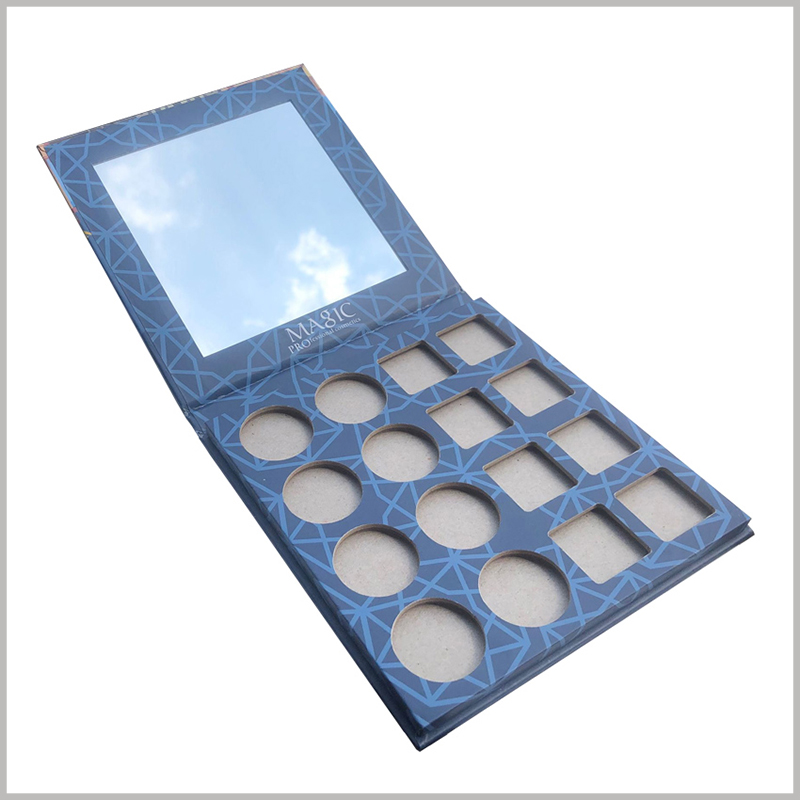 16 colors eyeshadow boxes packaging with mirror. Inside the eyeshadow palette package, 8 round eyeshadow trays and 8 square eyeshadow trays can be placed inside, with different styles.