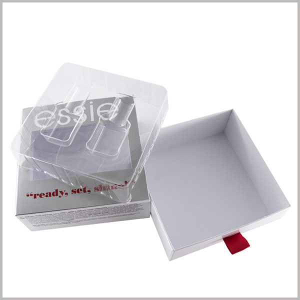 2 bottles nail polish packaging boxes with windows. The interior of the custom packaging uses transparent blister as an insert for fixing the product.