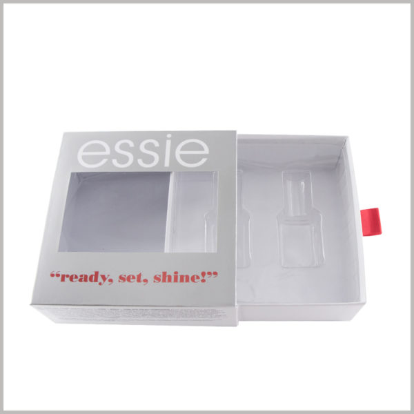 2 colors nail polish packaging boxes with windows. The packaging of cosmetic boxes uses cardboard drawer boxes, which can easily open the package and take out the product.