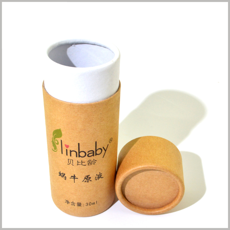Small kraft paper tube for 30ml skin care product packaging.There is no EVA or other inserts inside the cardboard tube package, and the essential oil glass bottle is directly placed.