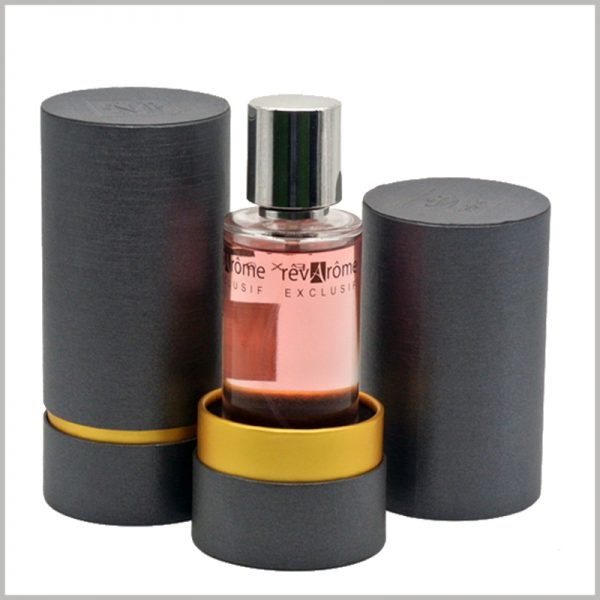 black cardboard tube packaging for perfume boxes.The EVA cylinder inside the paper tube can fix the perfume bottle and prevent the glass bottle from directly touching the wall of the paper tube.
