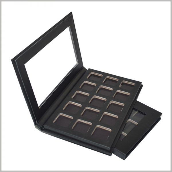 black eyeshadow packaging boxes with windows.There are 15 independent small spaces inside the black cardboard boxes, which can hold 15 different color eye shadows separately