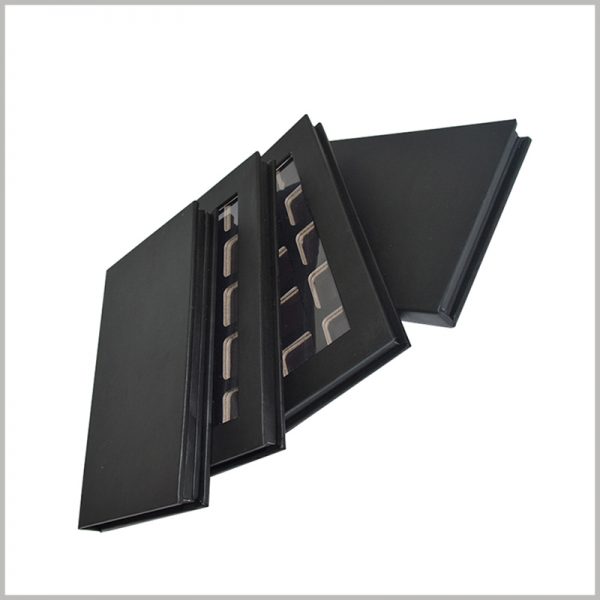 black hard cardboard boxes with windows for eyeshadow packaging.With one or more printing processes, the brand information can be reflected in the packaging, which can enhance the product and brand value.