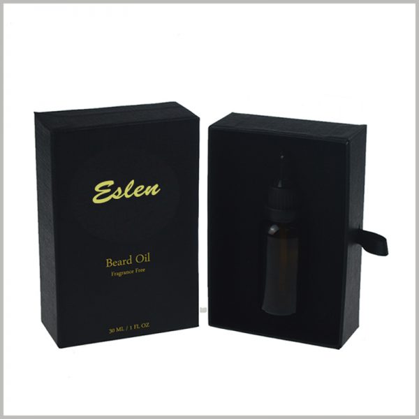 black small cardboard boxes for 30ml beard oil packaging.The black flocked cloth is laminated on the black EVA, which plays the role of beautiful inserts inside the package and has better protection for essential oil bottles.