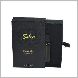 black small cardboard boxes for 30ml essential oil packaging. The packaging is in the form of cardboard drawer box opening, and the package can be opened by gently sliding