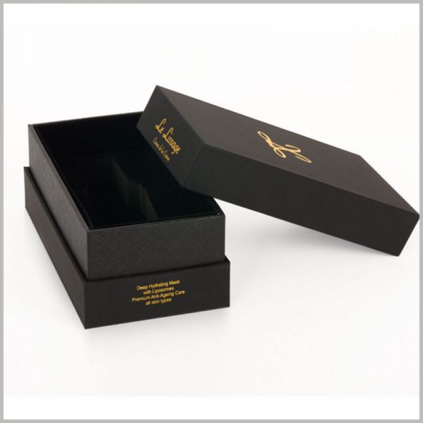 black small skin care product packaging with insert.Black flocking EVA is the most common skin insert for skin care product packaging, which can fix and protect skin care products.