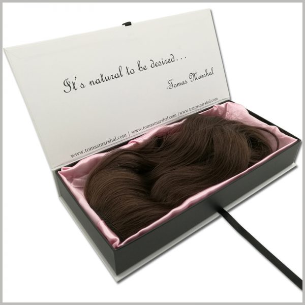 custom hard cardboard boxes for wigs packaging.This packaging can be used as a gift box, tied with a black narrow silk cloth to make a gift knot, will make people receiving wig gifts feel valued.