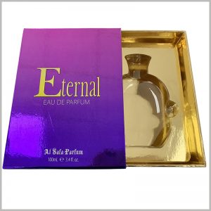 luxury empty gift boxes for 100ml perfume packaging.The inner insert of the box is transparent blister, but with gold cardboard as the laminated paper, the visual appearance of the perfume package is excellent.