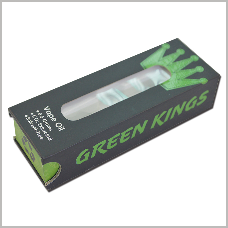small cardboard vape oil packaging boxes with windows.A finger-shaped arc-shaped notch is set on the edge of the drawer of the jammed boxes, which can be easily grasped and opened.