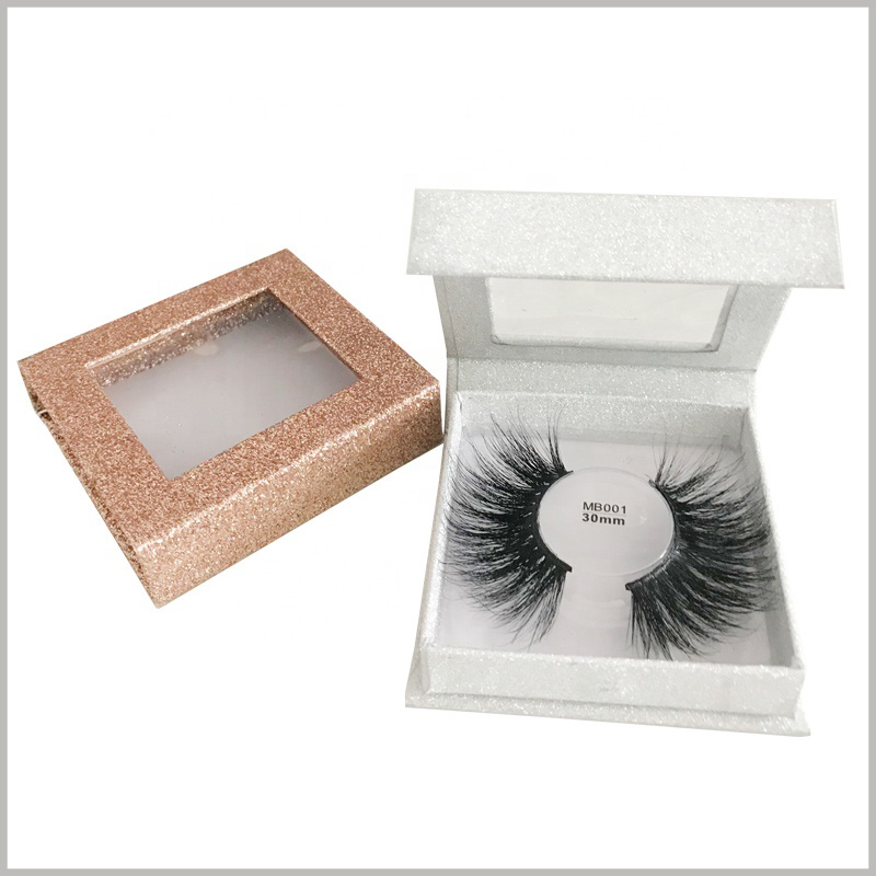 custom white small square boxes for eyelash packaging.The transparent label can be stuck in the middle of the blister, and the customer can directly see the product model in the transparent window of the transparent custom packaging.