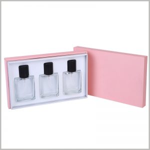 3 bottles of perfume packaging boxes. The inside of the package is fixed with white EVA to improve the stability of the bottle inside the package.
