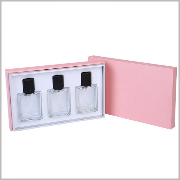 3 bottles of perfume packaging boxes. The inside of the package is fixed with white EVA to improve the stability of the bottle inside the package.