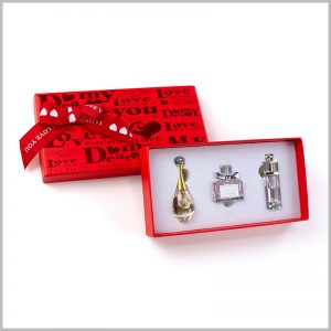 3 bottles perfume packaging boxes with bows. The top bows of the perfume box package make the box perfume more gift-like.