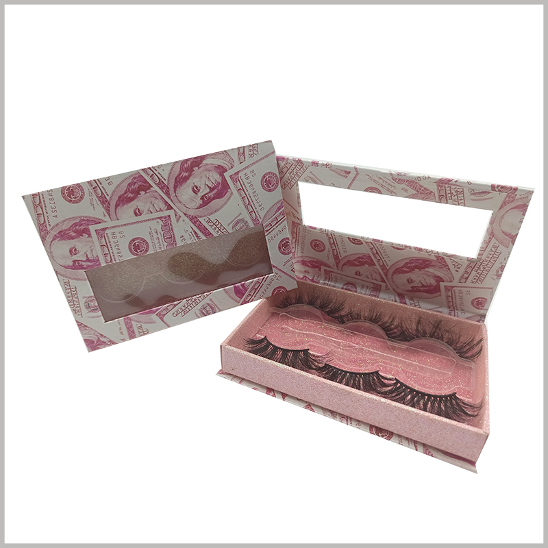 3 pair of money eyelash packaging with window. The inside of the custom false eyelashes packaging has shiny gold cong paper to make the box more attractive.