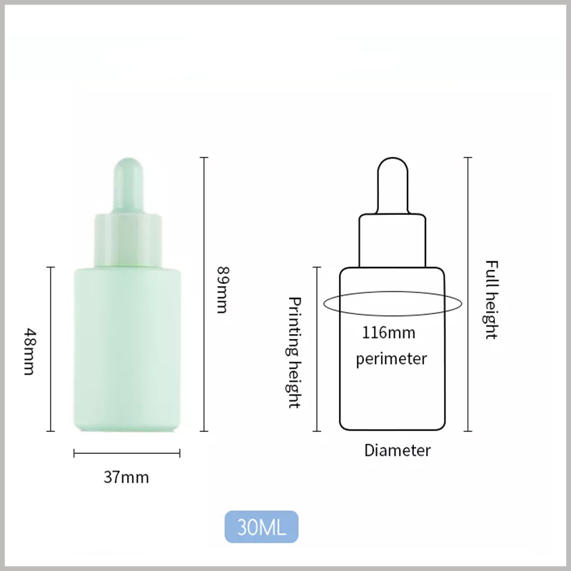 30ml Macaron Essential Oil Dropper Bottles, the diameter of the bottle is 37mm, the height is 89mm, and the printable height of the bottle is 48mm.