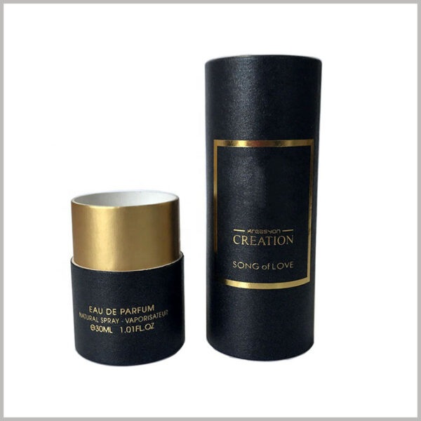 30ml perfume boxes packaging wholesale.As the laminated paper of the paper tube, black leather paper improves the visual appearance of the package.