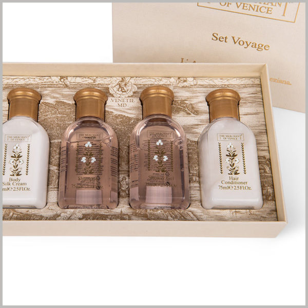 4 bottle of product packaging for skin care products set boxes. Laminate the paper printed with wood grain on the surface of EVA (no trace of EVA can be seen), the interior decoration of the package is more luxurious.