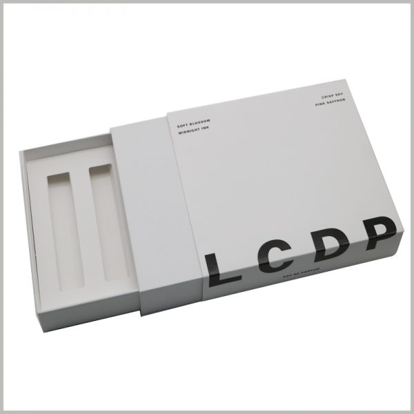 4-pack of perfume packaging boxes with paper insert. Fragrance boxes take the form of drawer boxes to make opening the packaging more interesting.