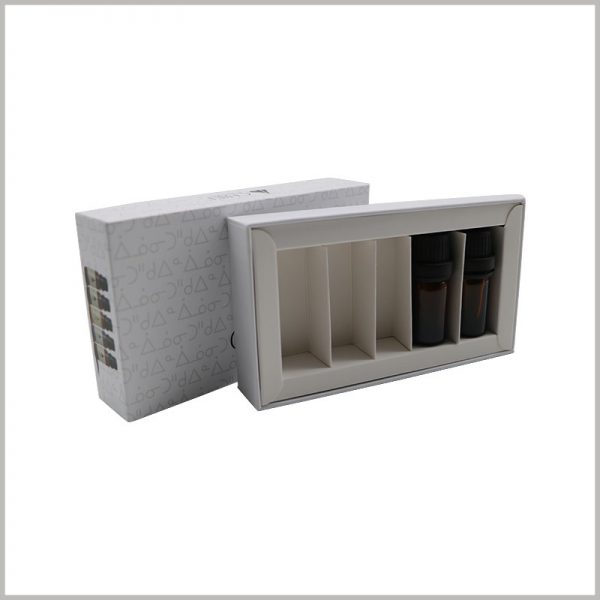 5-bottle essential oil packaging boxes wholesale. There are paper partitions between the essential oil bottles, which can avoid direct collision of the bottles and protect the bottles.