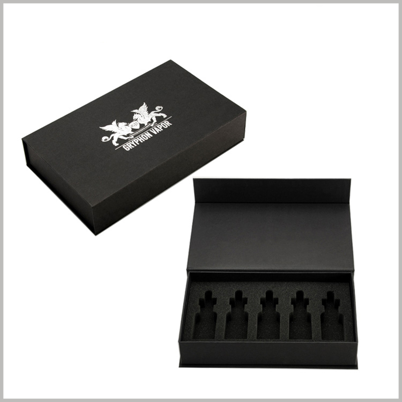 5 bottles of essential oil packaging boxes wholesale.The black cardboard boxes have high-density EVA sponge inserts inside, and the top cover has a unique logo printed on silver.