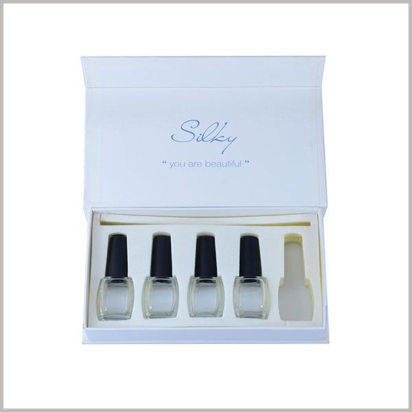 5 bottles of nail polish packaging boxes set. Elegant cosmetic packaging boxes, EVA inside the box can be placed orderly nail polish bottles, improve the internal visual experience of packaging.