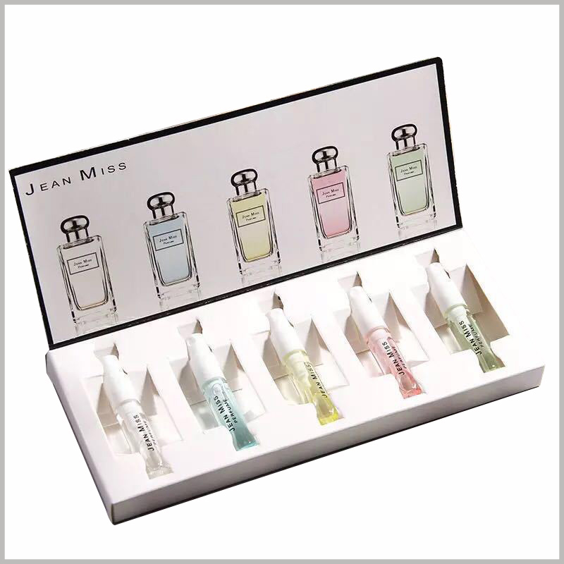 5 bottles of perfume packaging boxes with paper insert. The inner cardboard of the perfume package is white, which maintains a high degree of consistency with the entire perfume boxes.