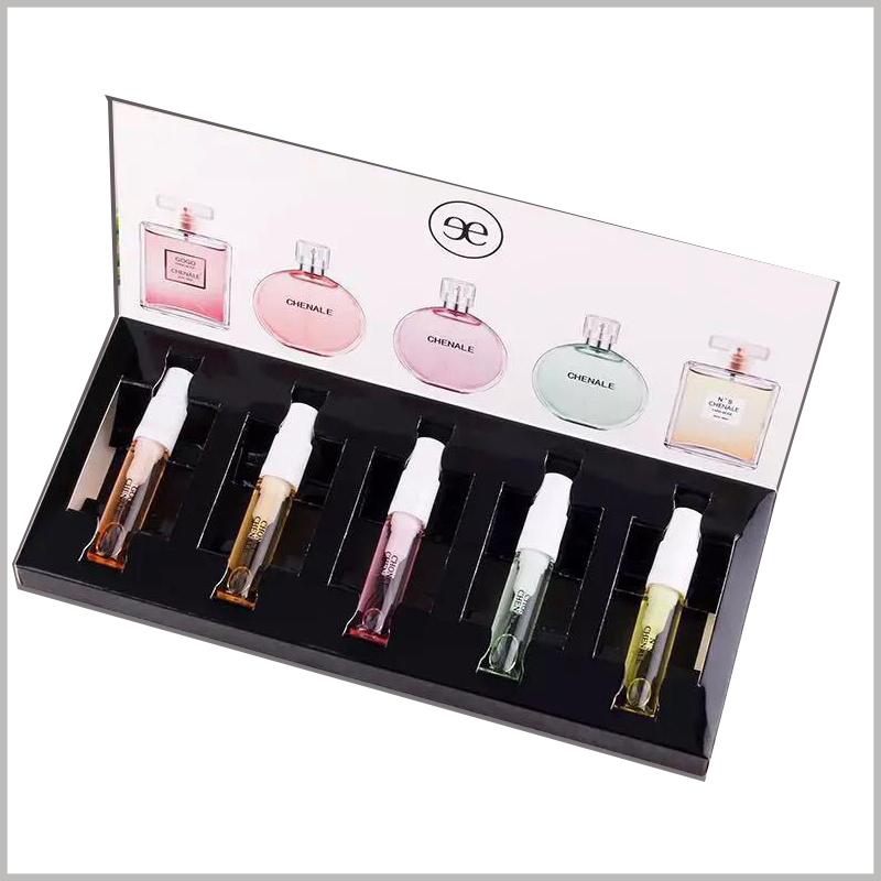 5 bottles of perfume packaging with paper card insert. The perfume bottle is embedded in the inner card, which will be firmly fixed and effectively protected.