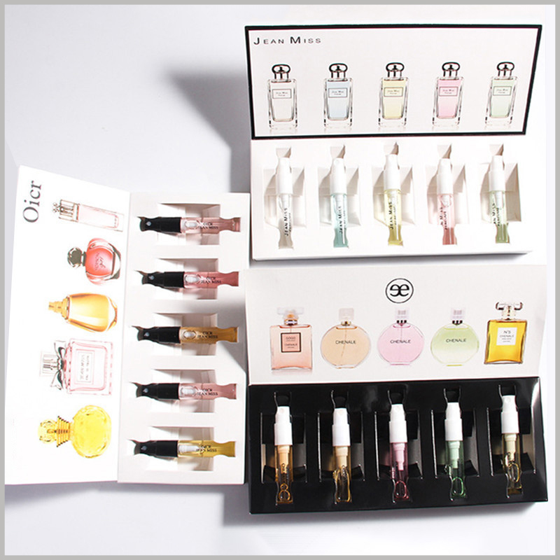 5 bottles of perfume packaging with paper insert. The inside of the lid of the perfume package is printed with different patterns to reflect the difference of the product.