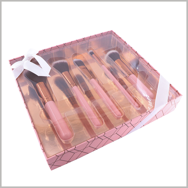 5 sticks makeup brushes gift packaging boxes with windows. The transparent PVC has complete transparency, allowing customers to directly see the style of various cosmetic brushes inside the custom packaging.