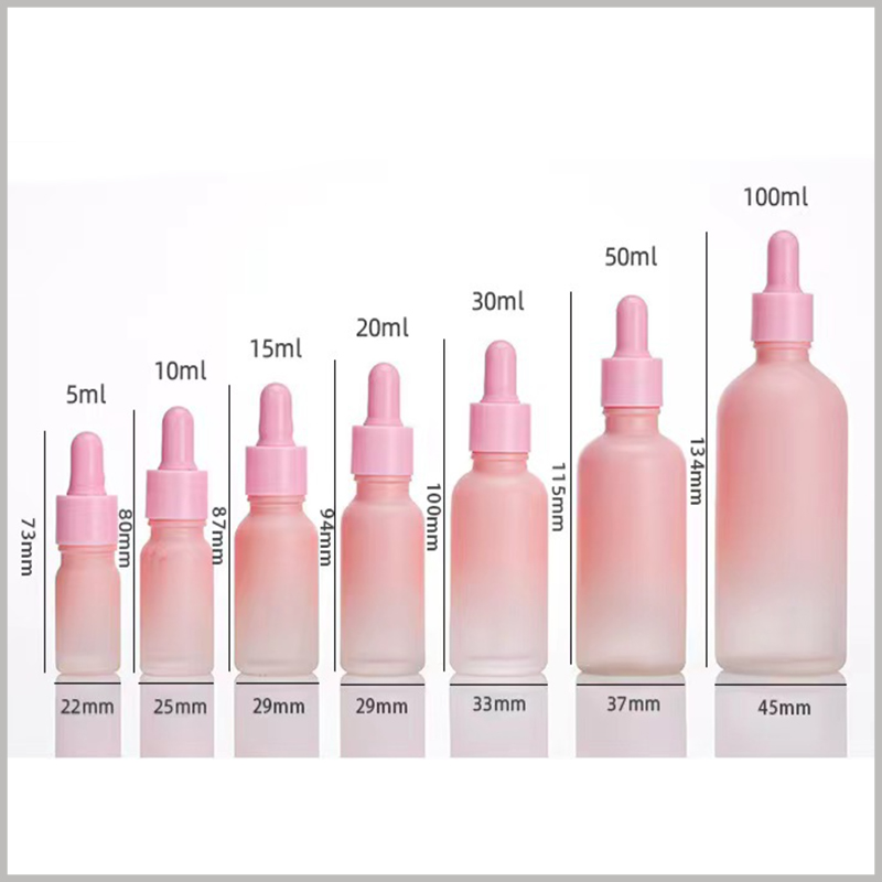 5ml-100ml Gradient Pink glass dropper bottles. With the help of the data of the picture, the diameter and height of the essential oil bottles of different capacities can be known.