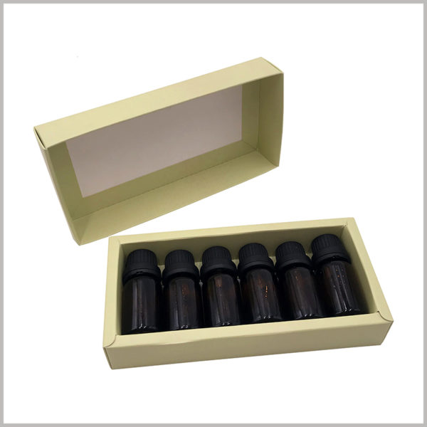 6 bottles of small essential oil bottle packaging. Kraft paper is printed to form an essential oil package, and the boxes can hold 6 bottles of essential oil at a time.