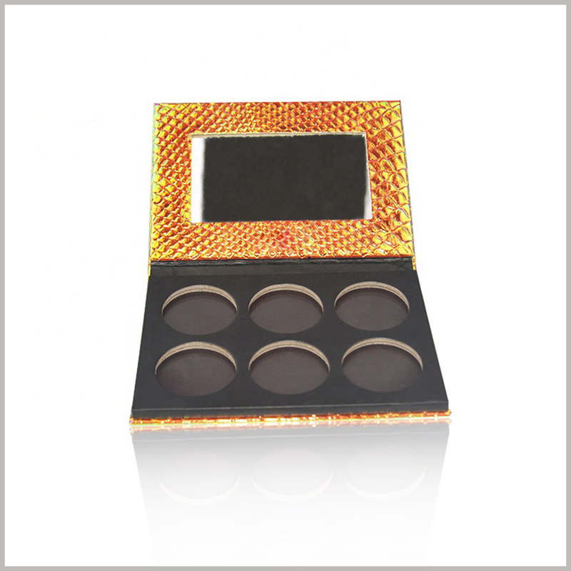 6-color cardboard eyeshadow palette packaging with mirror. The mirror on the eye shadow packaging improves the practicality of the packaging and the user experience of the product, which will make the product more popular.