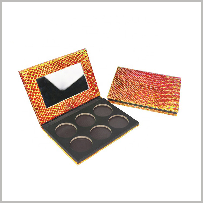 6-color eyeshadow palette packaging with mirror. The cardboard eyeshadow palette packaging is more environmentally friendly than the plastic eyeshadow palette and is environmentally friendly.