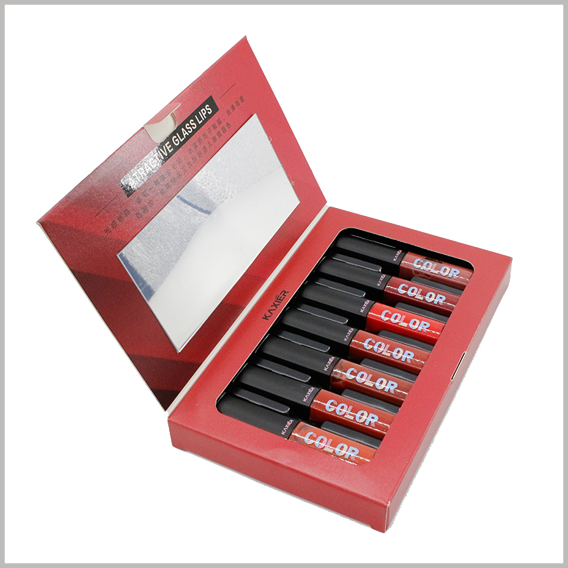 7 bottles of lip gloss packaging boxes with mirror. Customized cosmetic packaging uses 350gsm single powder paper as the main raw material, which improves the cost performance of the packaging.