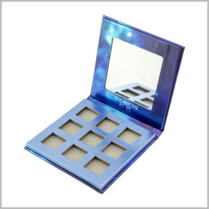9 colors eyeshadow palette box packaging with mirror. The square mirror is designed on the outer shell of the shell, which will greatly facilitate the use of eye shadow.