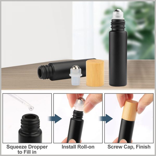 Black Color essential oil roller bottles. The picture has detailed steps for filling essential oils, which is very convenient for using essential oil bottles.