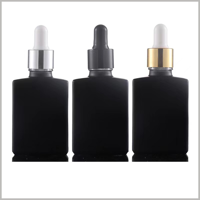 Black Flat square essential oil dropper bottles wholesale. The color of the rubber cap and the color of the ring can be chosen and matched freely.