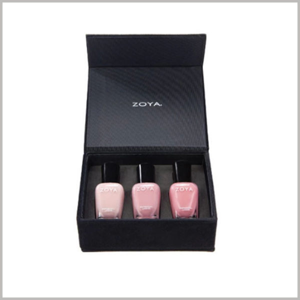 Black cardboard boxes for 3 bottles of nail polish packaging. The interior of the nail polish boxes uses high-density black EVA as an insert to fix three bottles of nail polish.