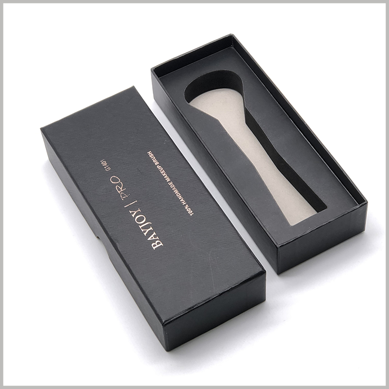 Black cardboard boxes for single makeup brush packaging. The black EVA inside the custom boxes can fix the cosmetic brush to avoid shaking inside the packaging.