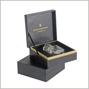 Black cardboard clamshell boxes for perfume bottles packaging, The packaging box is a book-type box packaging. The whole is made of thick black coated paper as a material