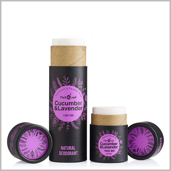 Black cardboard tube for lavender deodorant packaging box, The main design pattern of the paper tube is closely related to lavender.