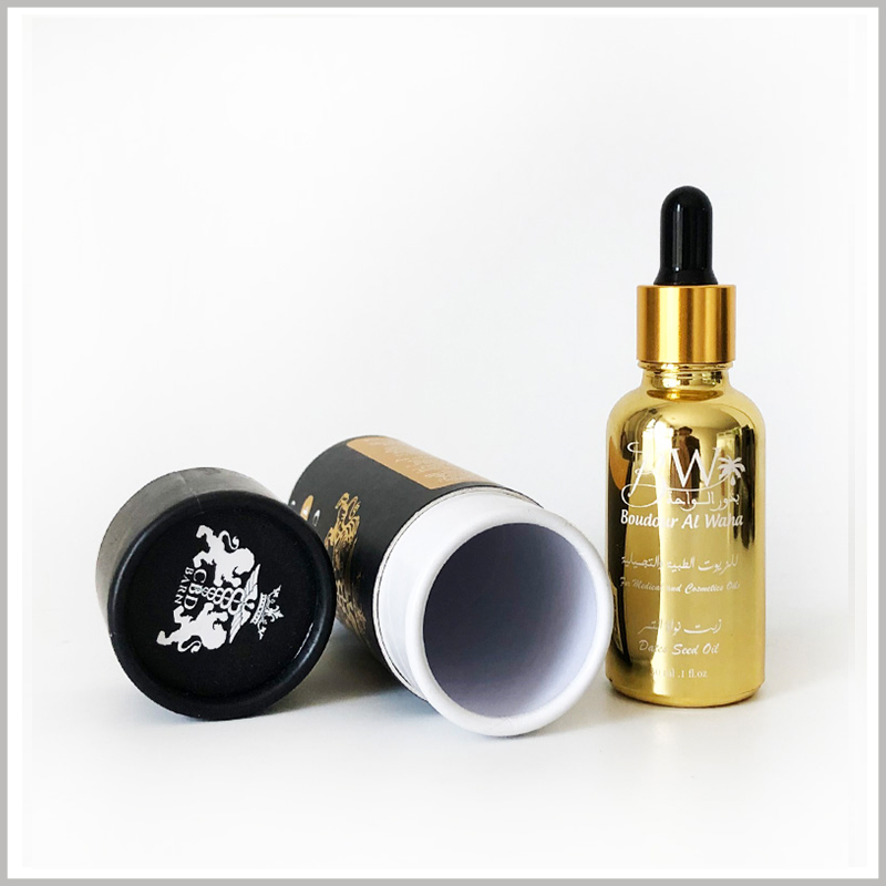 Black cardboard tubes for 1 oz cbd oil packaging. 350g white cardboard has become the main raw material for paper tubes, and black coated paper printed as laminated paper for custom tube packaging.