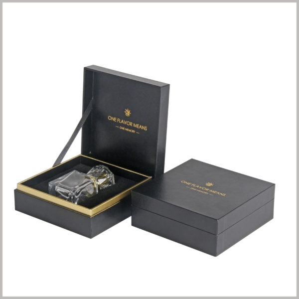 Black clamshell boxes for perfume bottles packaging, The special printing process of black card bronzing is used inside and outside the box to design the brand LOGO.