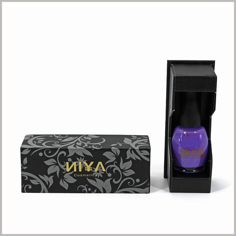 Black cosmetic boxes for single nail polish packaging. The nail polish packaging design has fancy patterns, and the brand name etc. are printed with bronzing, which is conducive to brand building.