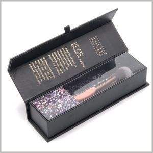 Black flip packaging for single makeup brushes box. The transparent pvc cover inside the box can protect the product from the interference of external factors, and at the same time, it can display the cosmetic brush well.